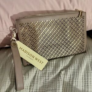Madison West Taupe Laser-Cut Wristlet with Gold Underlay